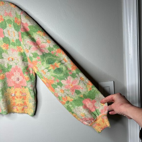 Zara Women's Multicolor Pearl Floral Print Knit Jacquard Cardigan Sweater Medium - Picture 7 of 11